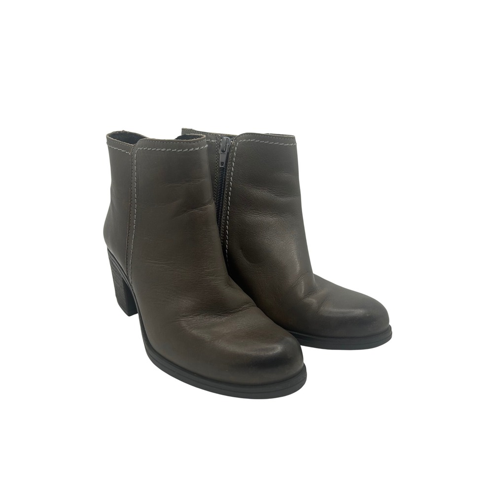 Eric Michaels Leather Ankle Boots Gray Brown Block Heel Contrast Stitch Size 36
